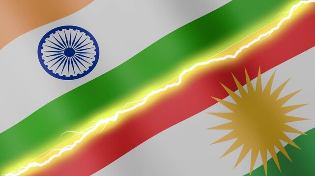 Two waving flags India and Kurdistan with diagonal lightning seamless, 4k loop
