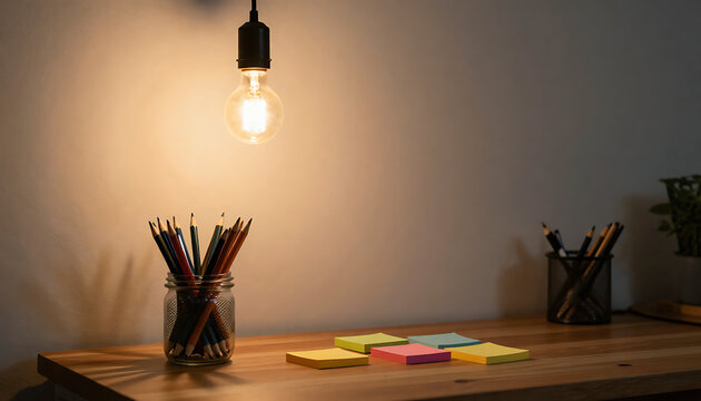 Cozy workspace setup illuminated by an overhead hanging bulb featuring sticky notes and a glass jar filled with colored pencils, created with generative ai.