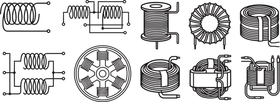 Electronic inductor and coil component collection with various circuit diagram symbols and realistic hardware illustrations for technology designs.