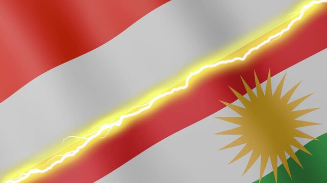 Two waving flags Indonesia and Kurdistan with diagonal lightning seamless, 4k loop