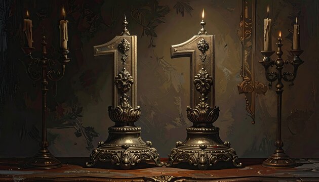 Ornate Number One Candlesticks with Wall Sconce Firelit Glow