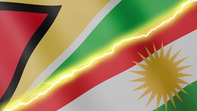 Two waving flags Guyana and Kurdistan with diagonal lightning seamless, 4k loop