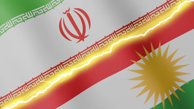 Two waving flags Iran and Kurdistan with diagonal lightning seamless, 4k loop