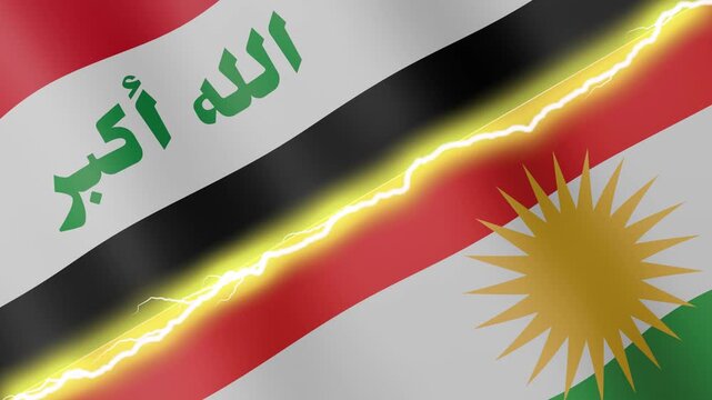 Two waving flags Iraq and Kurdistan with diagonal lightning seamless, 4k loop