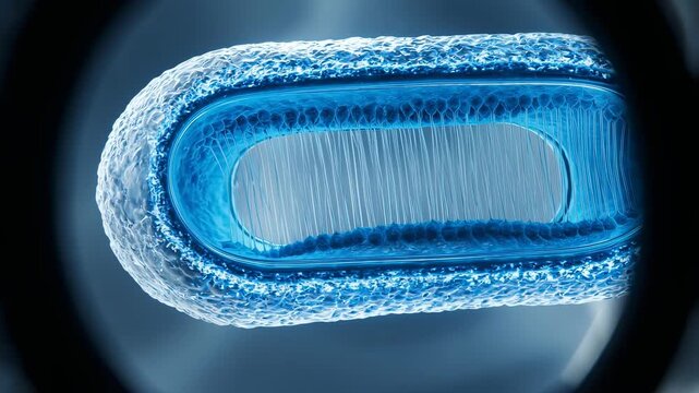 Cells dividing under microscope rotating slowly in blue and white
