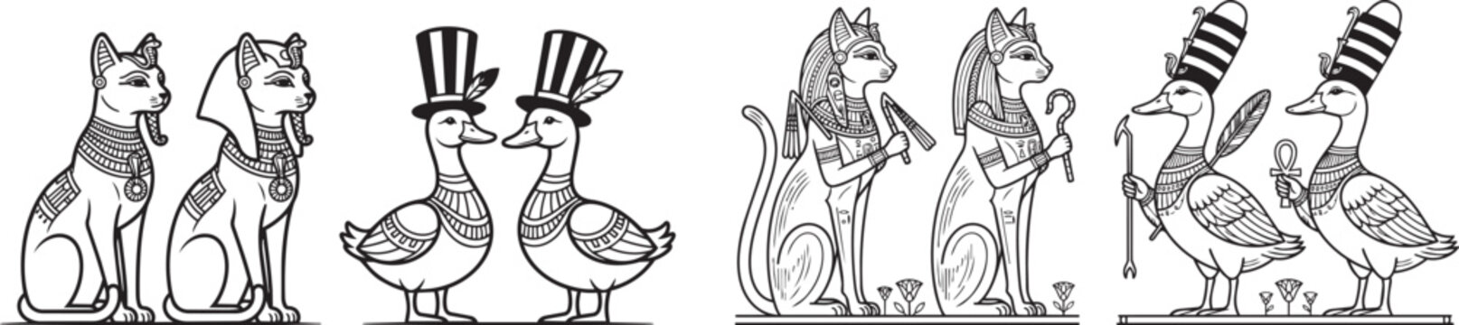 Four images of egyptian goddesses as cats and ducks, two cats, two ducks in top hats, two cat goddesses, two duck pharaohs.