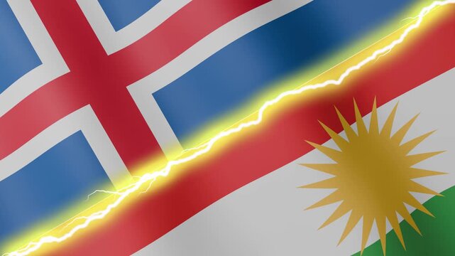 Two waving flags Iceland and Kurdistan with diagonal lightning seamless, 4k loop