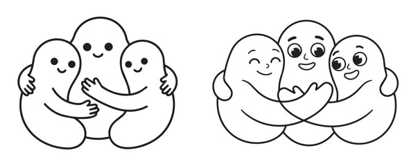 Fototapeta premium Happy ghosts hugging and embracing, friendly spirits in loving connection, playful characters showing affection, cute and joyful supernatural beings.