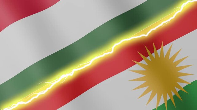 Two waving flags Hungary and Kurdistan with diagonal lightning seamless, 4k loop