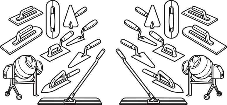 Set of construction tools for masonry and plastering work vector line art illustrations including cement mixer trowels floats and screed finishing.