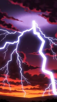 Lightning across dark sky slow motion at sunset, anime style