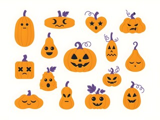 Fototapeta premium Cute Halloween Pumpkin Faces Vector Clipart Set Isolated on White Background