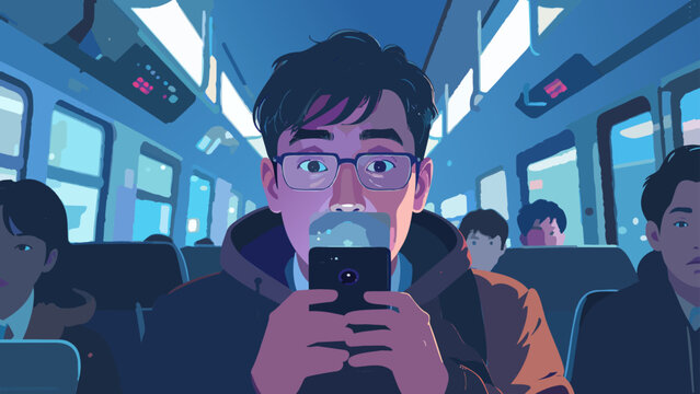 夜の電車内でスマートフォンを見つめる男性_1920x1080px