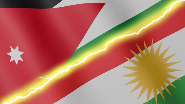 Two waving flags Jordan and Kurdistan with diagonal lightning seamless, 4k loop