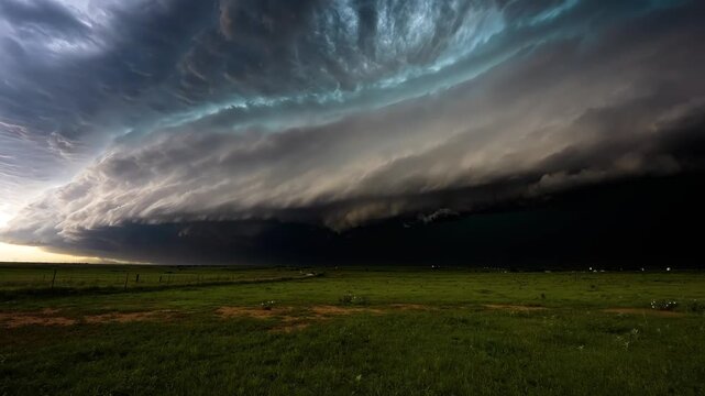 Supercell thunderstorm clouds rotating slowly over vast grassy plains during summer dramatic weather event.