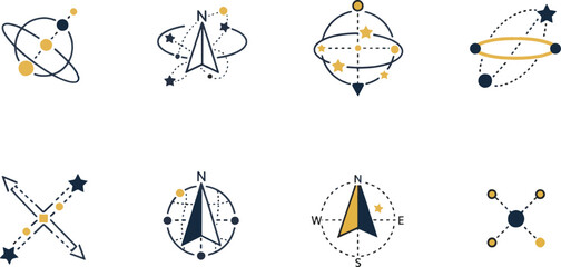 Professional Modern Space Exploration Satellite Orbit Compass Navigation Celestial Galaxy Direction Arrow and Node Network Vector Icons Set for Science and Technology Graphics © rofikgraph24