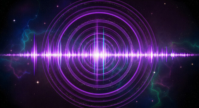 Purple sound wave equalizer background. Digital audio frequency visualization concept.