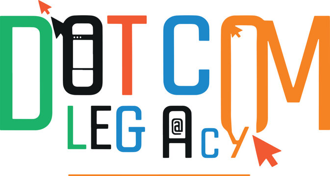 Dot com legacy text with abstract elements and futuristic design representing digital world technology and internet evolution with arrow cursors and `@` symbol.