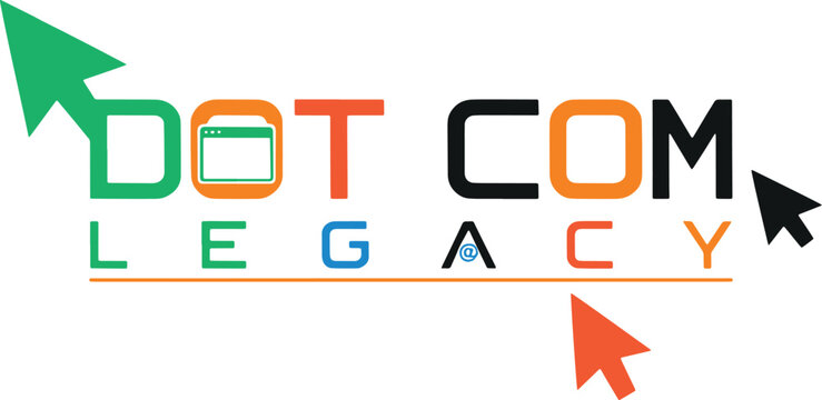 Green and orange dot com legacy logo with browser window icon and mouse pointers for modern digital marketing agency and technology brand identity design professional vector templates.