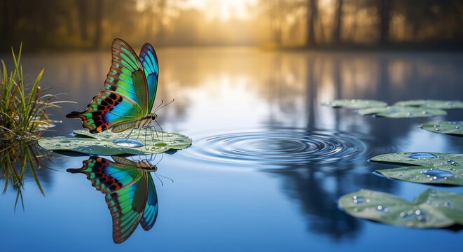 Sunrise Jewel: Butterfly's Gentle Touch on Water's Mirror