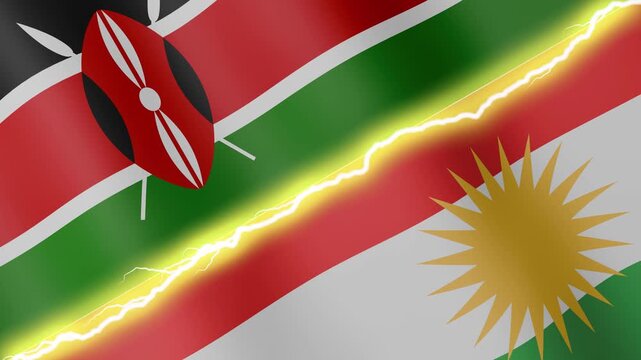 Two waving flags Kenya and Kurdistan with diagonal lightning seamless, 4k loop