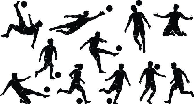 Black silhouettes of soccer players in action, kicking, heading, dribbling, passing, and making saves, on white background