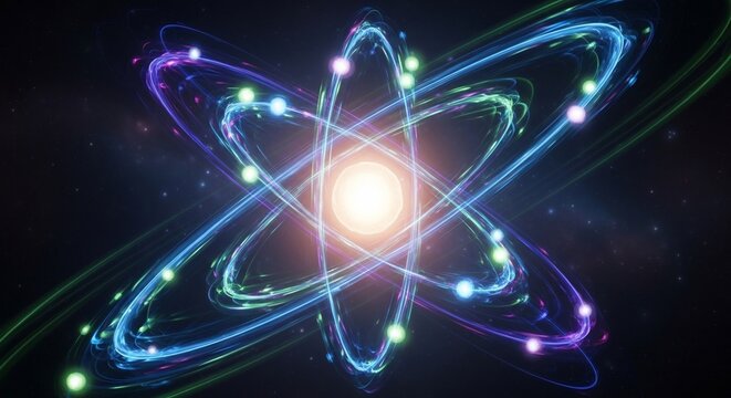 Vibrant 3D Atom: Swirling energy and glowing particles in cosmic dance.