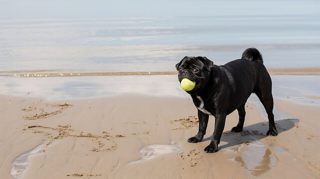 Black pug standing on sandy beach with yellow tennis ball in mouth near calm ocean waves showing playful summer moment