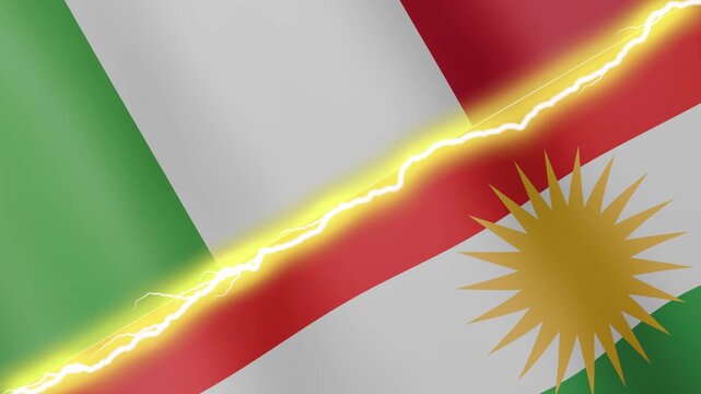 Two waving flags Italy and Kurdistan with diagonal lightning seamless, 4k loop