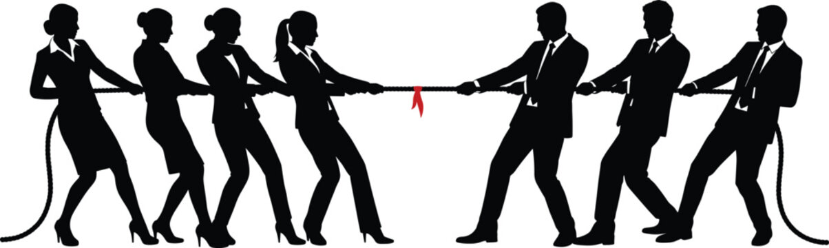 Business silhouette team pulling rope in tug of war, corporate competition, men versus women rivalry, challenge, strength, conflict illustration
