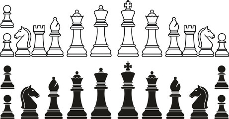Chess pieces icons, king queen knight bishop rook pawn, black and white board game strategy elements, line art silhouette collection © MdJafrul