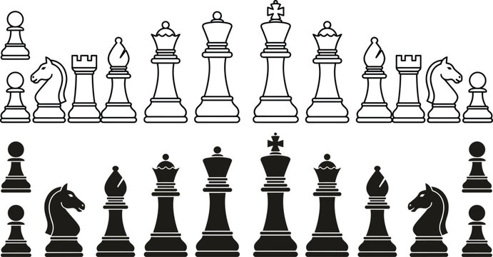 Chess pieces icons, king queen knight bishop rook pawn, black and white board game strategy elements, line art silhouette collection