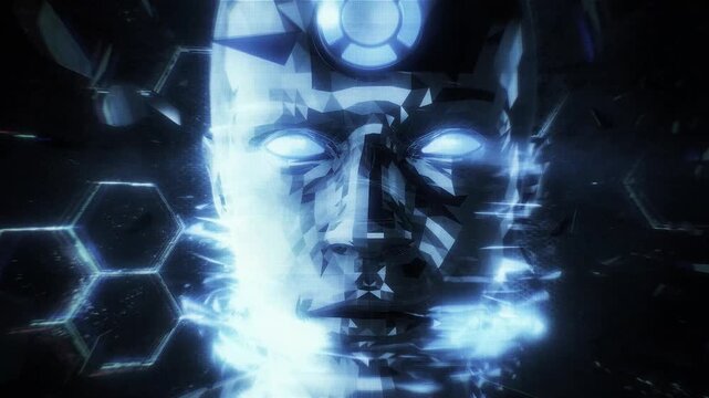 A looping background sequence of digital data style details featuring an AI avatar theme, depicting various concepts including false constructs, AI control and surveillance.
