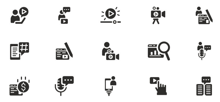 icon set for content creators, contains blogger, video editing, podcast, content strategy