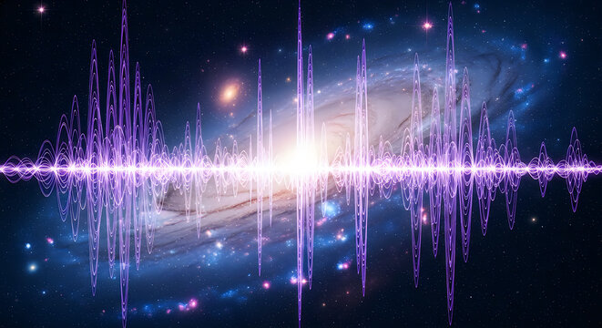 Abstract sound wave over galaxy background. Digital audio visualization in deep space.