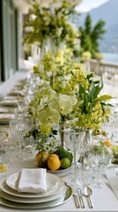 Fototapeta premium Luxury Wedding Reception Table With White Floral Centerpiece At Lake Como