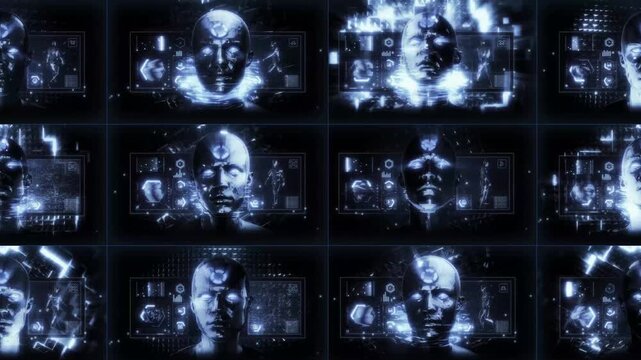 A looping background sequence of digital data style details featuring an AI avatar theme, depicting various concepts including false constructs, AI control and surveillance.