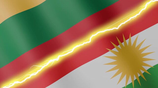 Two waving flags Lithuania and Kurdistan with diagonal lightning seamless, 4k loop