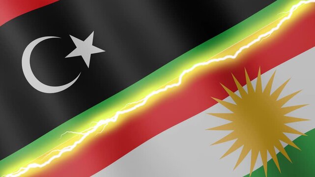 Two waving flags Libya and Kurdistan with diagonal lightning seamless, 4k loop