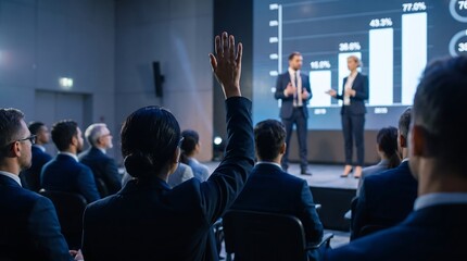 Fototapeta premium Business professional woman raising hand to ask question during corporate conference seminar with blurred audience and financial graph projection on large screen in background