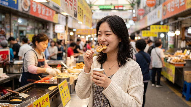 Young woman eating street food at a korean market for travel background and cultural food banner photography