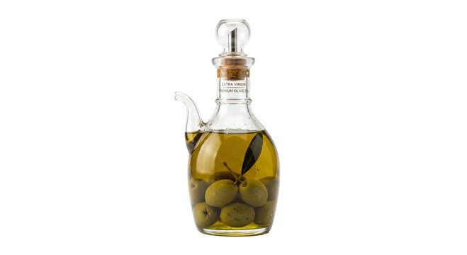 Elegant glass cruet filled with premium extra virgin olive oil and whole olives
