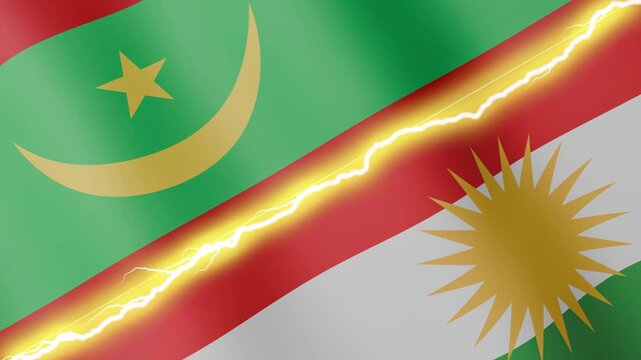 Two waving flags Mauritania and Kurdistan with diagonal lightning seamless, 4k loop