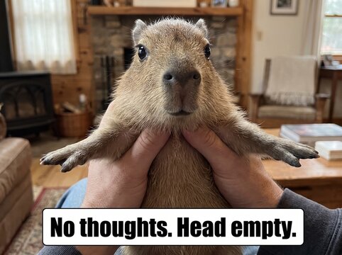 Funny Capybara Being Held by Human Hands with Blank Expression Meme Concept