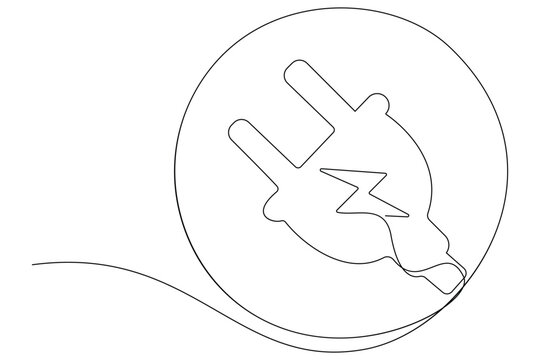 One continuous line drawing of plug inserting into electric outlet power socket energy disconnect in simple line art design vector illustration