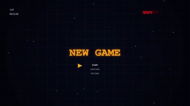 Retro arcade game screen with 'new game' text, pixelated spaceship and health bar, digital interface, abstract space background