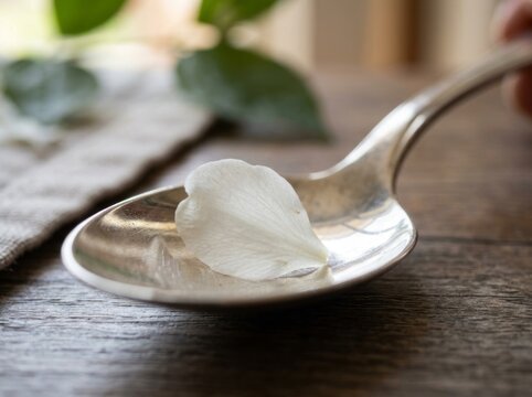 Delicate white petal rests gently on a vintage silver spoon, evoking a sense of ephemeral beauty and simple elegance.