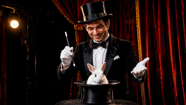 Smiling male magician performing a magic trick with a white rabbit and top hat. Classic illusionist in tuxedo on stage with red velvet curtains. Entertainment and performance concept