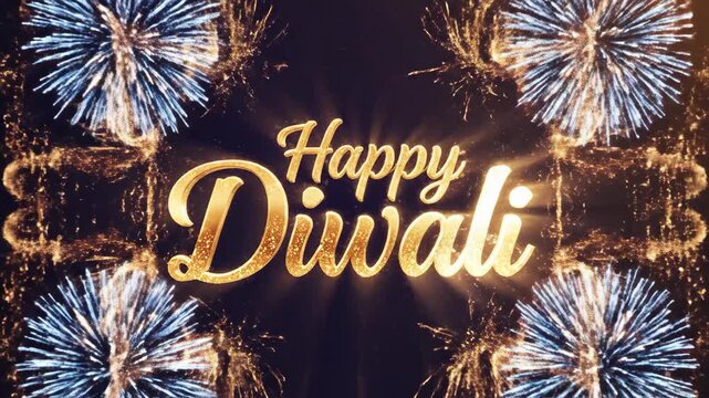 Happy Diwali golden text with colorful light streaks and fireworks