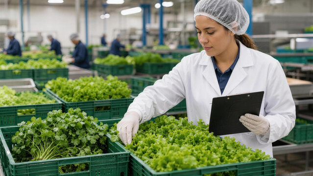 Food Quality Inspector Checking Lettuce at Produce Processing Facility